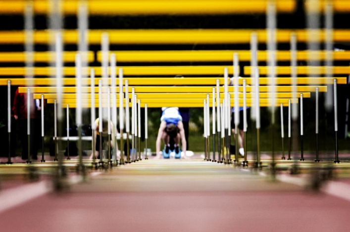 Running track with hurdles