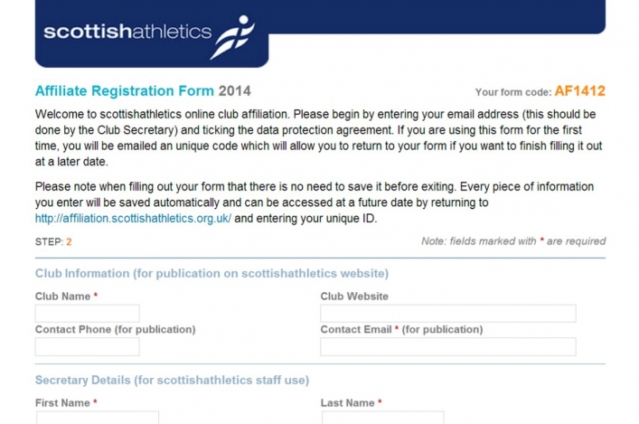 Screenshot of club affiliation form