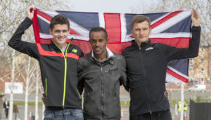 26/04/16.. EMIRATES ARENA - GLASGOW Picked for the GB team scottish runner Callum Hawkins (black top) with brother Derek Hawkins and Tsegai Tewelde from Eritrea refugee in glasgow