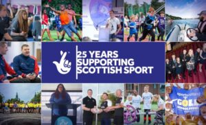 A montage of images from different sports. In the centre is the National Lottery Logo and the words 25 years supporting Scottish sport