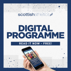A photo of a hand holding a phone. Text reads scottishathletics Digital Progarmme - read it now - free!